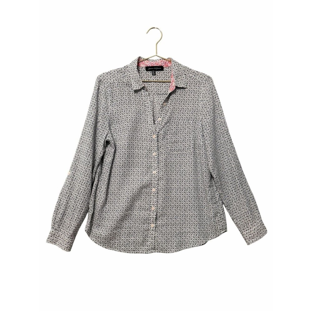 Jasmine and Juliana Geo Print Lightweight Cotton Button Up Top Size Large White